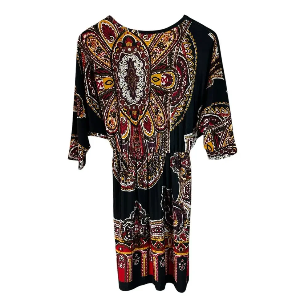Cristina Love V-Neck Kimono-Sleeve Kaftan Tunic-Style Dress Black Multi L Boho - Picture 6 of 10